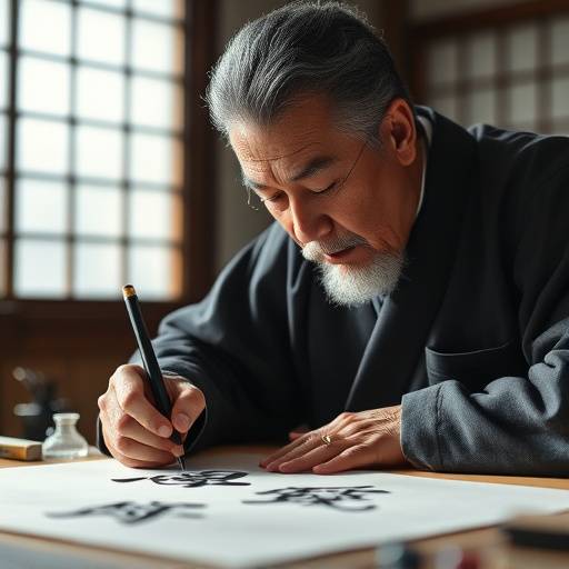 創設者の鈴木心先生が筆を執っている様子