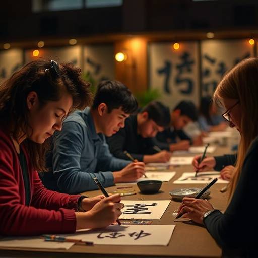 夜の教室で生徒たちが集中して書道に取り組んでいる写真